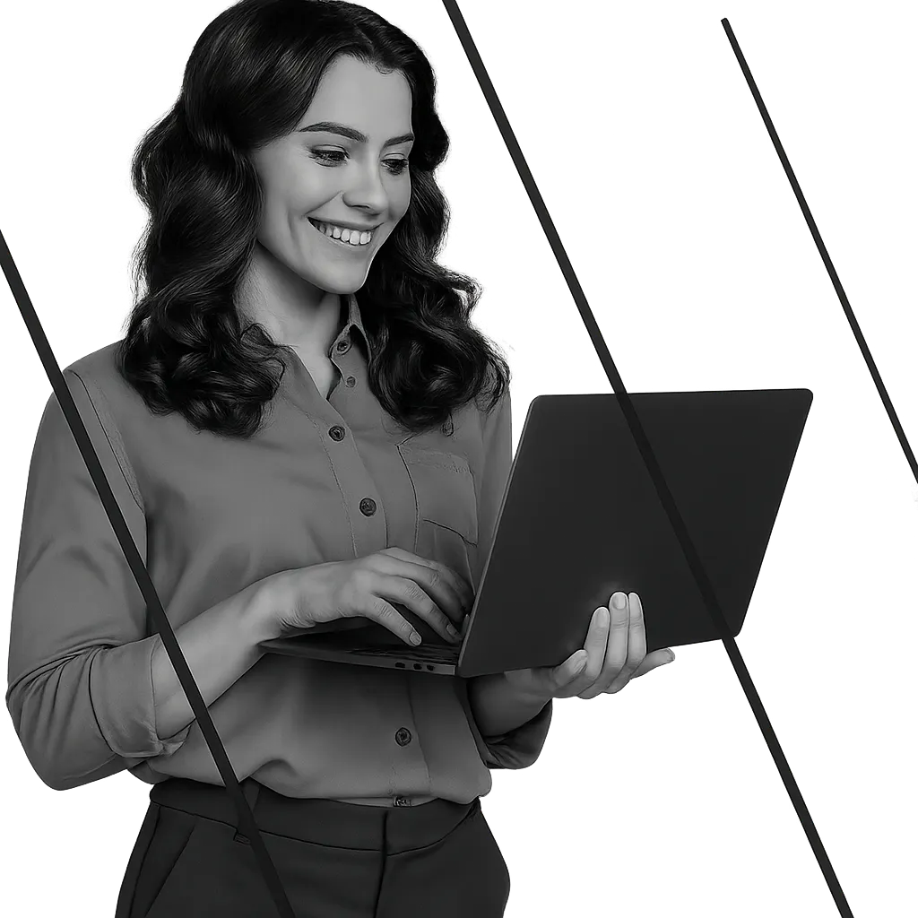 Smiling woman holding a laptop, symbolizing a reliable video editing partner focused on storytelling, strategy, and fast turnarounds with white-label support, ideal for video editing companies and agencies offering professional video post-production services.