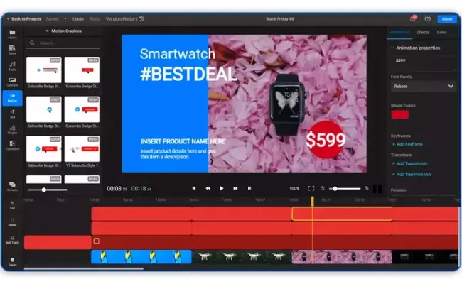 Video editing interface displaying a smartwatch promotional video with timeline and animated elements, showcasing product video editing services by a professional video editing agency for marketing and branding.