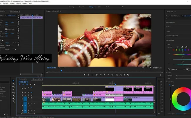 Editing interface displaying a traditional wedding video timeline with color grading and multiple tracks, representing expert wedding editing services offered by a professional video editing company and post-production agency.