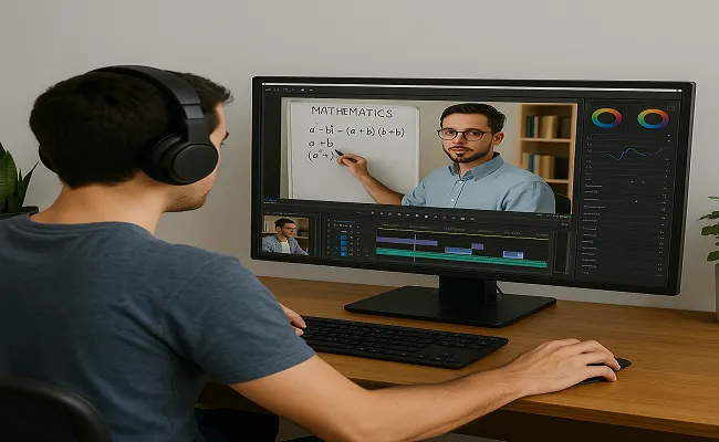 Man using video editing software to edit an online math tutorial, showcasing professional video editing services for education and training content.
