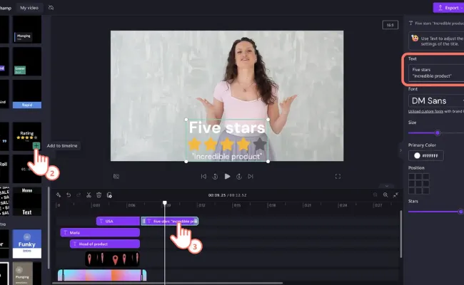 Editing interface showing a woman’s product review video with added text and star ratings, highlighting professional video editing services for social media content creation.