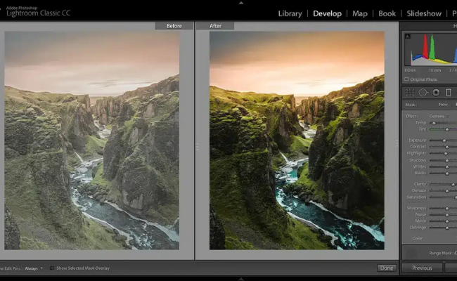 Side-by-side comparison of landscape footage showing before and after professional color grading in Adobe Lightroom, showcasing the impact of YouTube video editing services on visual quality.