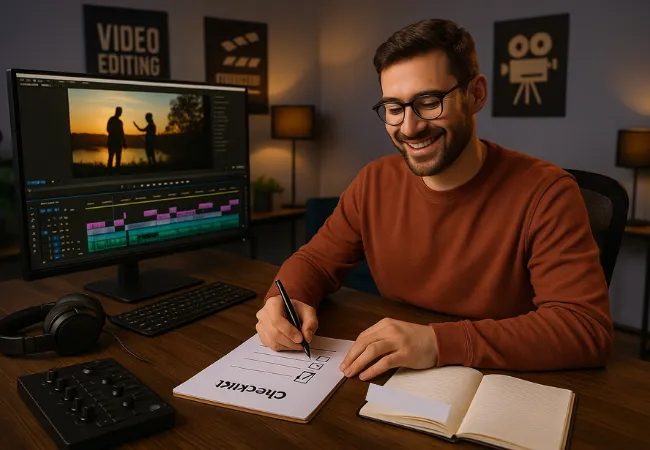 Smiling professional reviewing a checklist beside a video editing setup, symbolizing the process of selecting the ideal outsource video editing service provider based on trials, communication, scalability, and support.