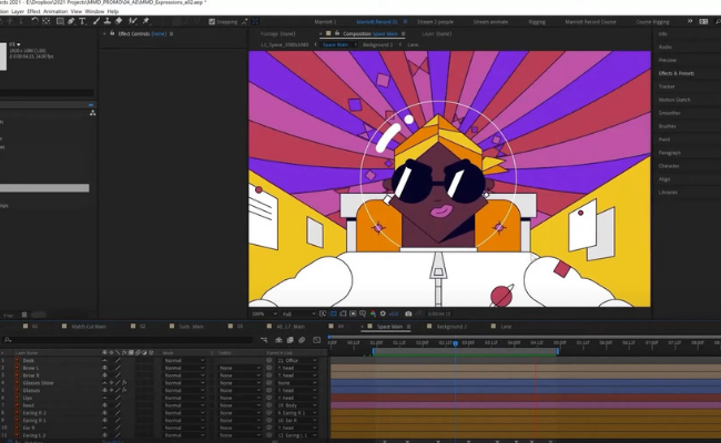 Animated character design in Adobe After Effects timeline, demonstrating motion graphics creation for YouTube intros and outros as part of professional video editing services.