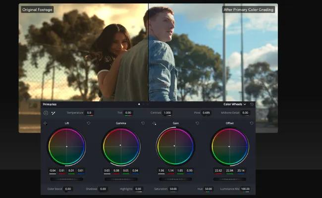 Split-screen comparison showing original footage and professionally color-graded version, illustrating outsourced video editing services for cinematic color correction and visual enhancement.