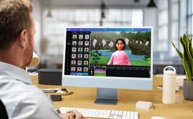 Professional editor working on animated character video with motion graphics software, showcasing outsourced video editing services for custom intros, transitions, and branded animations.