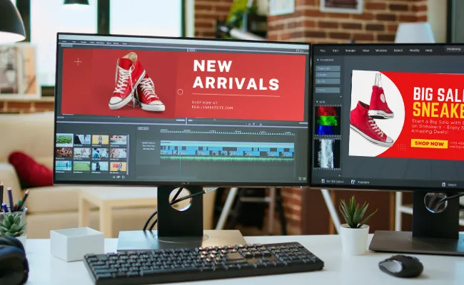 Dual monitor setup displaying video editing of a red sneakers promotional ad, representing outsourced video editing services for e-commerce and product demo videos.