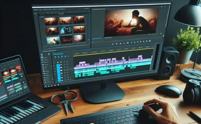 Video editor trimming raw footage into a clean, engaging timeline on professional editing software, representing outsourced video editing services for cinematic storytelling.