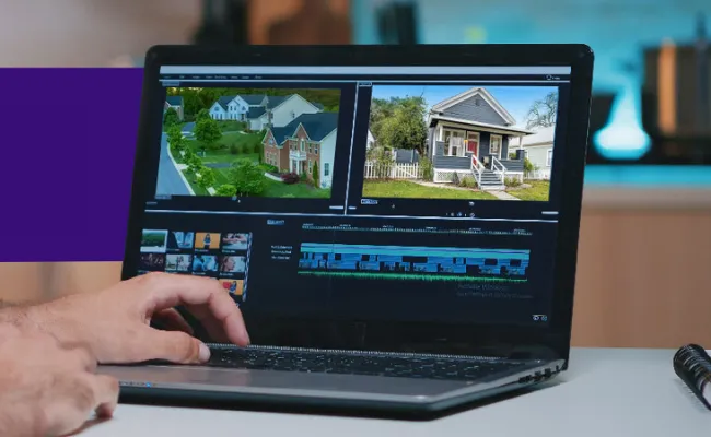 Editor working on real estate video footage with aerial and property walkthrough views, illustrating outsourced video editing services for real estate marketing.