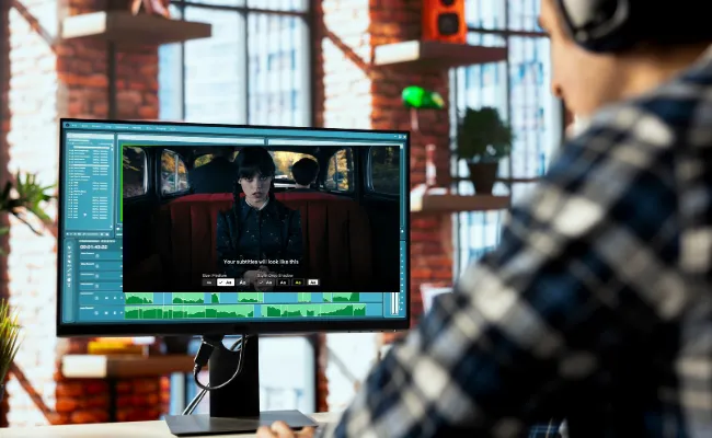 Video editor adding subtitles to a scene on professional software, representing outsourced video editing services for accurate subtitling and closed captioning to enhance accessibility and viewer engagement.