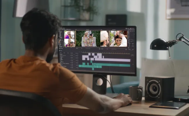Video editor creating a cinematic wedding film on a desktop computer, showcasing outsourced video editing services for weddings, pre-wedding shoots, and event highlights.