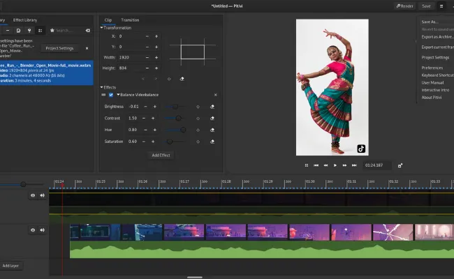 Video editing software showing a traditional dancer clip optimized for TikTok, with vibrant color grading and vertical format tailored for short-form, trend-driven content creation.