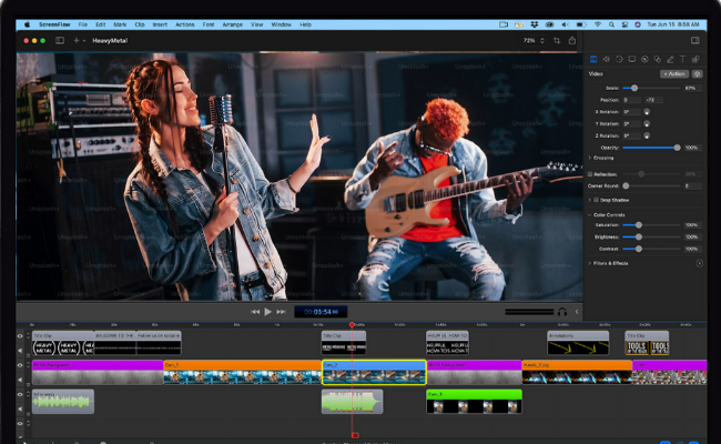 Editing software interface displaying a woman singing and a guitarist performing, illustrating high-impact, brand-relevant edits for music and corporate promotional YouTube videos.