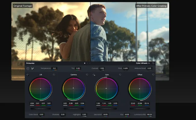 Side-by-side comparison of original footage and color-graded video showing a couple outdoors, with visible color wheels and grading controls, representing scalable video color grading services for weddings, films, and corporate projects.