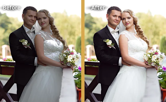 Side-by-side comparison of a bride and groom’s portrait showing professional retouching with enhanced lighting, skin smoothing, and color correction—ideal for photographers outsourcing portrait photo editing services.