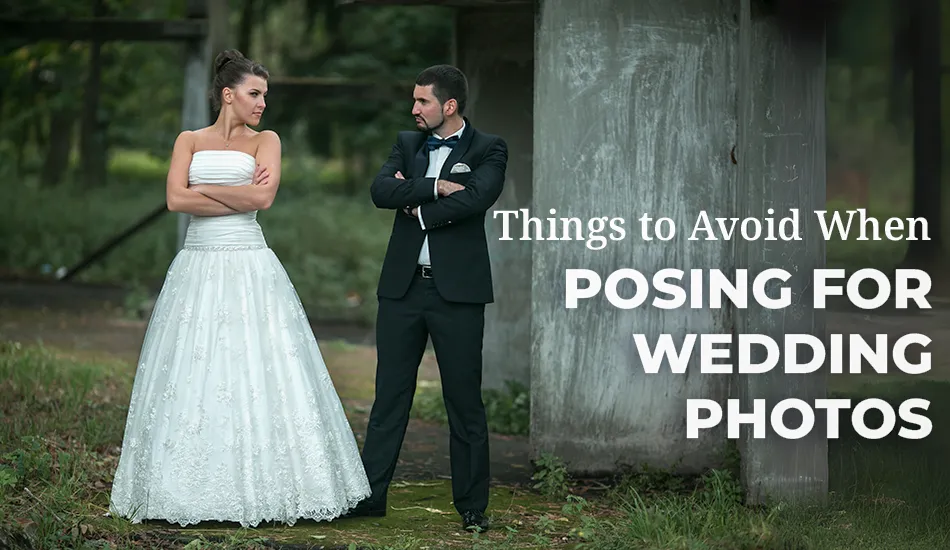Bride and groom standing stiffly with crossed arms in a forest setting, illustrating what to avoid when posing for wedding photos to ensure natural and emotionally genuine bride and groom poses.