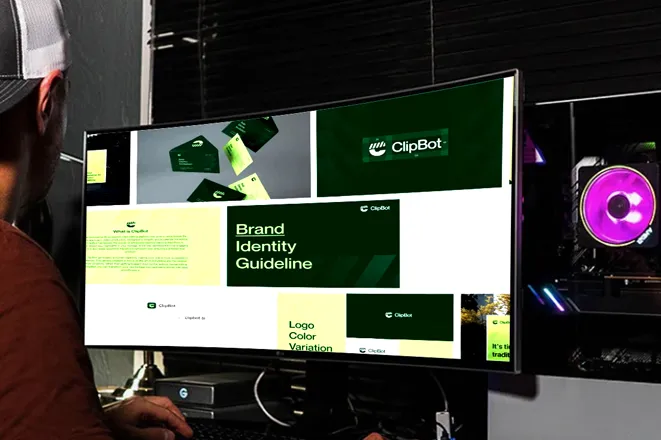 Designer working on brand identity and visual guidelines on a widescreen monitor, representing Eterna Edits’ corporate explainer and professional video editing services for businesses and startups