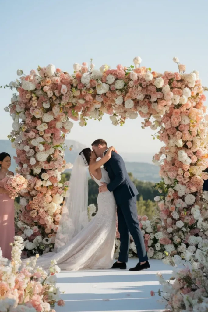 Groom dipping the bride for a romantic kiss under a lush floral arch at an outdoor ceremony, showcasing one of the best wedding poses for bride and groom that adds elegance and cinematic flair to wedding photos.