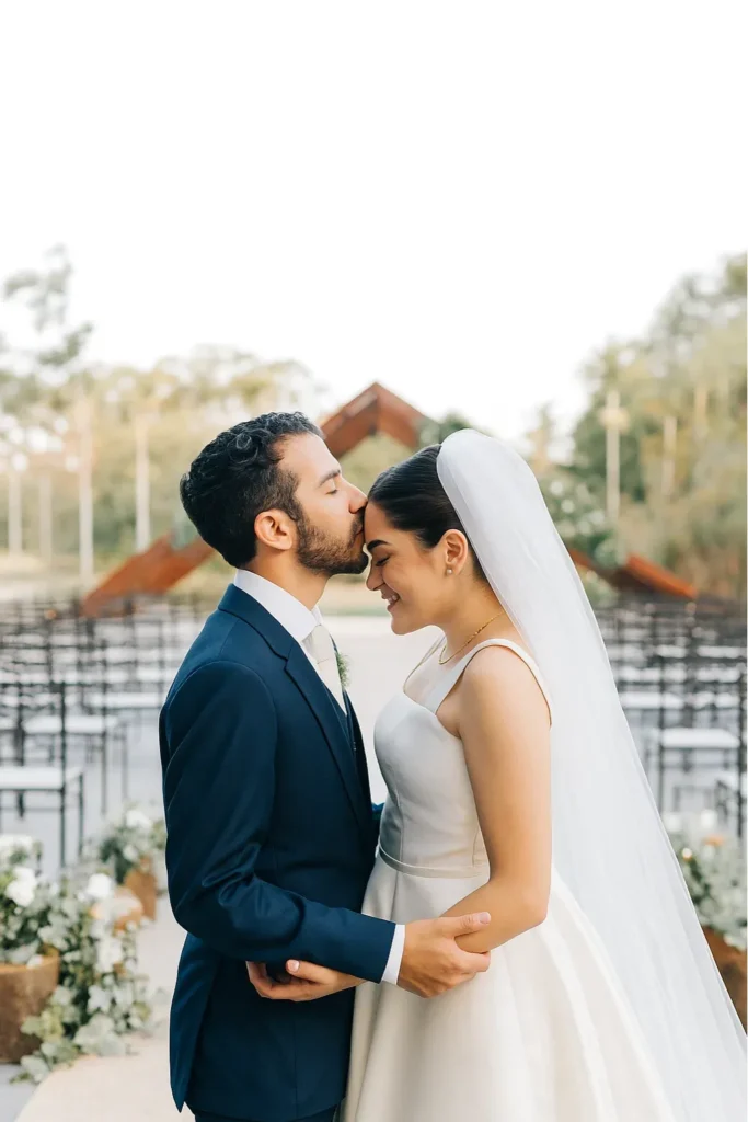 Groom gently kissing bride’s forehead in an intimate outdoor ceremony setting, capturing one of the best wedding poses for bride and groom that symbolizes love, trust, and emotional connection.