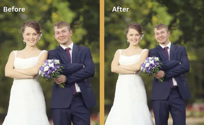 Before and after wedding portrait showcasing advanced retouching with enhanced clarity and smooth skin tones, perfect for photographers outsourcing high-end photography editing services.