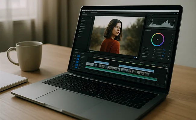 Laptop showing a woman’s video being color graded with professional editing software, highlighting the fast turnaround and high-quality results offered by outsourced video color grading services.