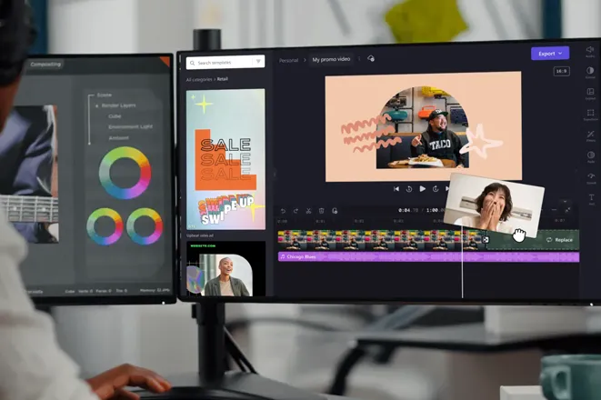 Editor working on ad creative for social media campaigns with animated text and split-screen reactions, showcasing Eterna Edits’ A/B testing and video editing services for business ads on Meta and Google