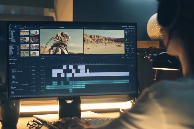 Video editor working on cinematic footage using professional editing software, showcasing Eterna Edits’ video editing services for businesses and creators including YouTube intros and promotional content