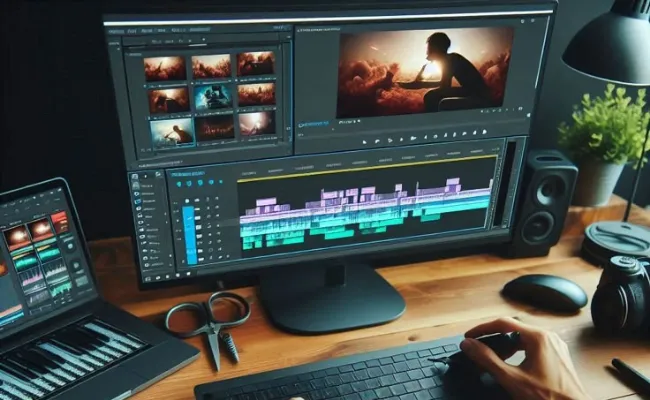 Advanced video editing software open on dual monitors with color grading tools, timeline, and preview window, showcasing expert editing services using high-end tools for cinematic-quality results.