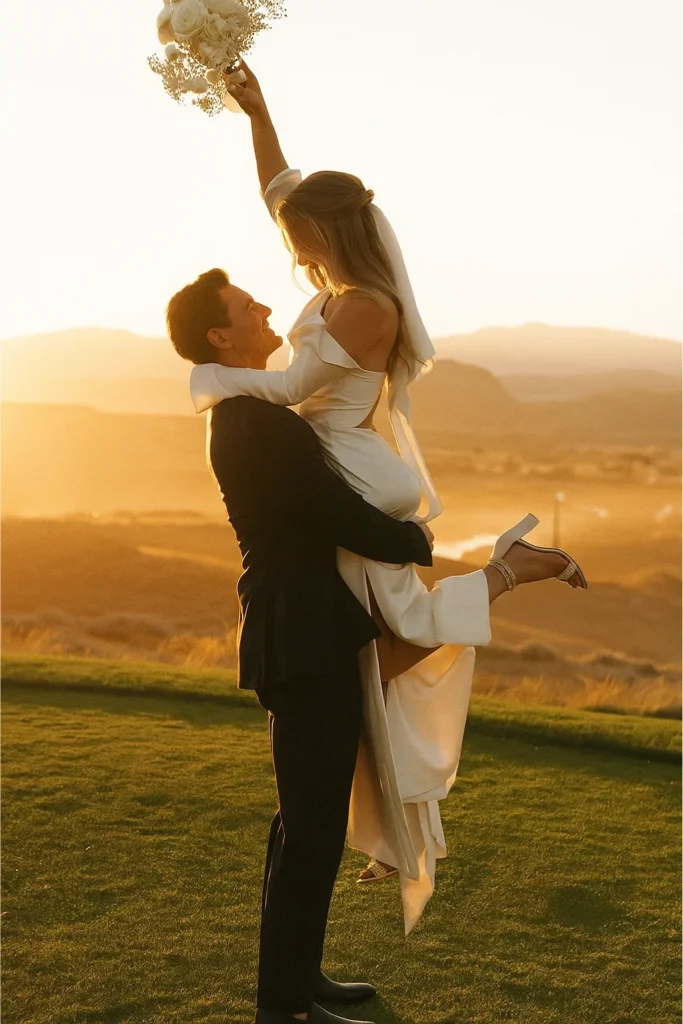 Groom lifting the bride in a joyful embrace during golden hour, with the bride holding her bouquet high, showcasing one of the best wedding poses for bride and groom full of movement and sunset romance.