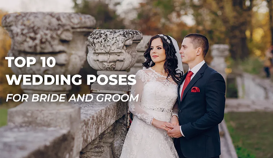 Bride and groom posing elegantly by a stone railing in formal wedding attire, promoting the top 10 best wedding poses for bride and groom to inspire unforgettable photo album moments.