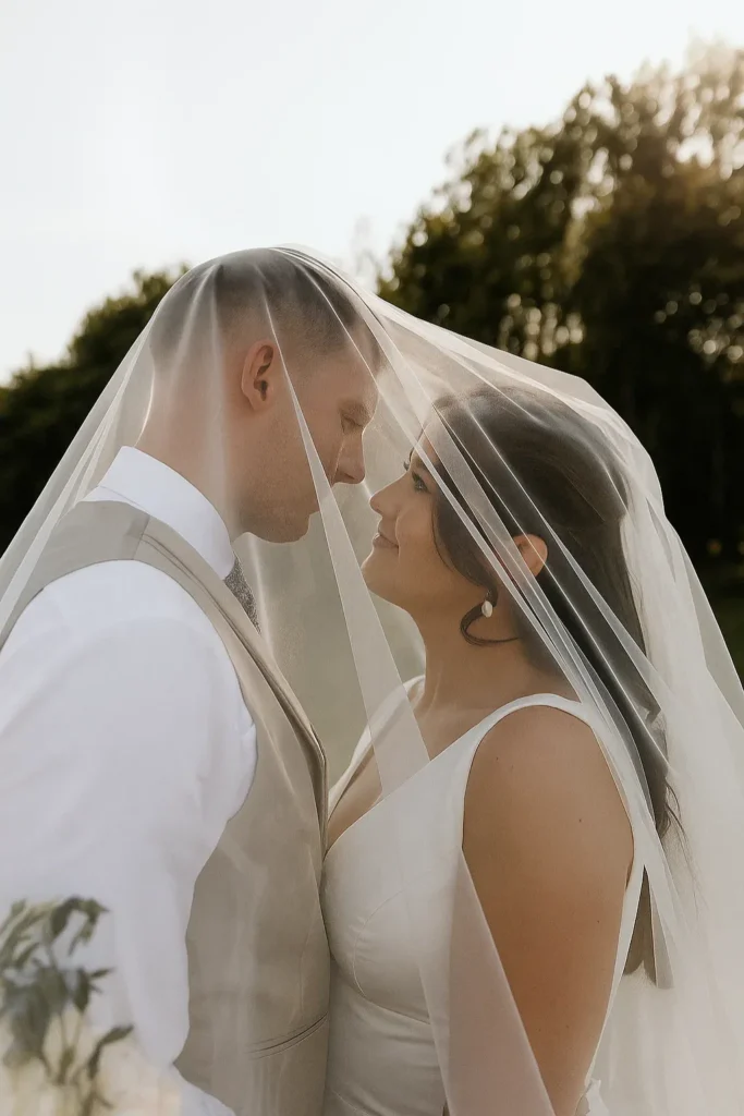 Bride and groom standing forehead to forehead under a shared veil, capturing one of the best wedding poses for bride and groom with a romantic, fairytale-like atmosphere.
