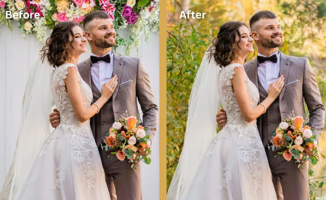 Before and after wedding photo showing background replacement for a cleaner, distraction-free look, ideal for photographers outsourcing photography editing services to enhance visual focus on the couple.