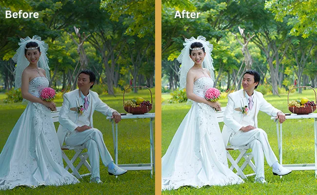 Before and after comparison of a wedding photo with improved brightness, contrast, and color tones, showcasing expert image enhancement for photographers outsourcing photography editing services.