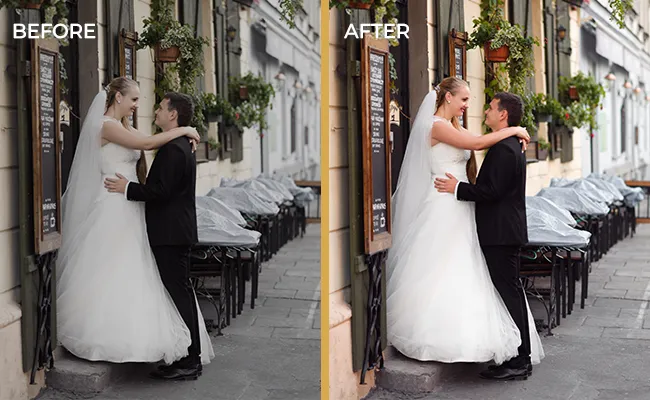 Side-by-side comparison of a wedding photo before and after professional editing, showing enhanced lighting and color correction to maintain a consistent photography style for better marketing impact.