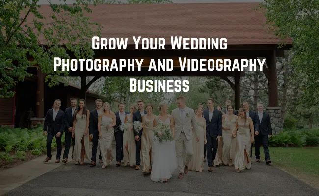 Wedding photographer captures a large bridal party walking together outdoors, showcasing professional wedding photography style and group posing techniques for marketing inspiration.