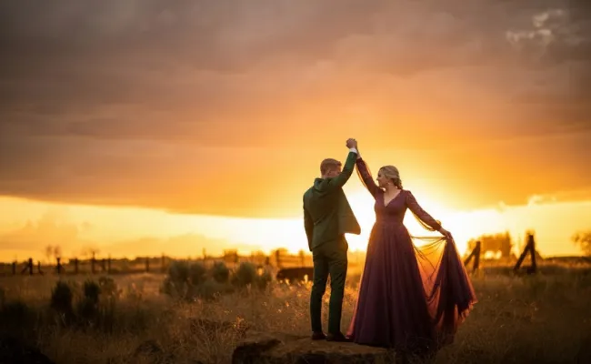 Romantic couple dancing in a golden sunset field, capturing a dreamy and emotional wedding video clip ideal for cinematic storytelling and highlight reels.