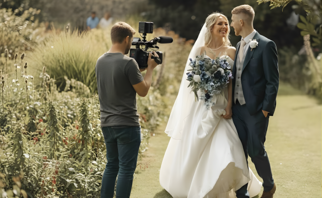 Videographer filming a bride and groom during an outdoor wedding, capturing footage for professional wedding video production and post-production services.