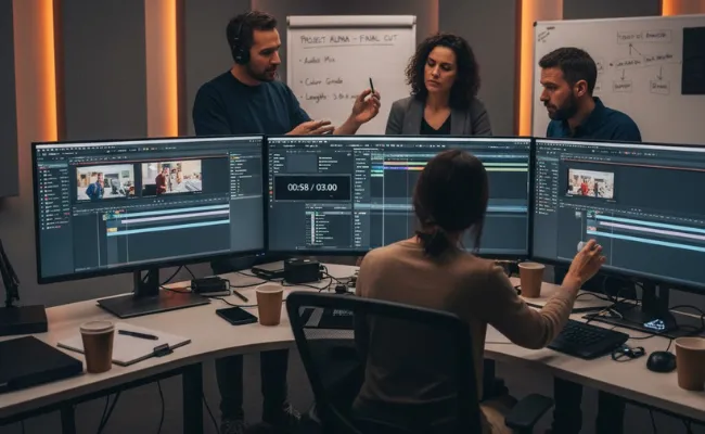 Team of video editors working on multi-screen editing software, discussing timelines and cinematic details for custom wedding videos at Eterna Edits.