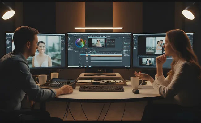 Professional video editors reviewing a bride’s footage on triple monitors, transforming a wedding video shot list into a cinematic and emotionally-driven film at Eterna Edits.