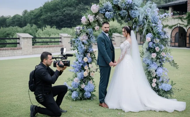 Wedding videographer capturing a bride and groom holding hands beneath a pastel floral arch, illustrating the filming process for different wedding video types and lengths.