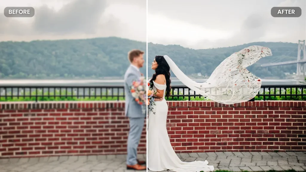 Split-screen comparison of a blurry wedding video frame and an AI-enhanced 4K version showing a bride and groom in sharp detail, showcasing the power of AI video enhancement for wedding films