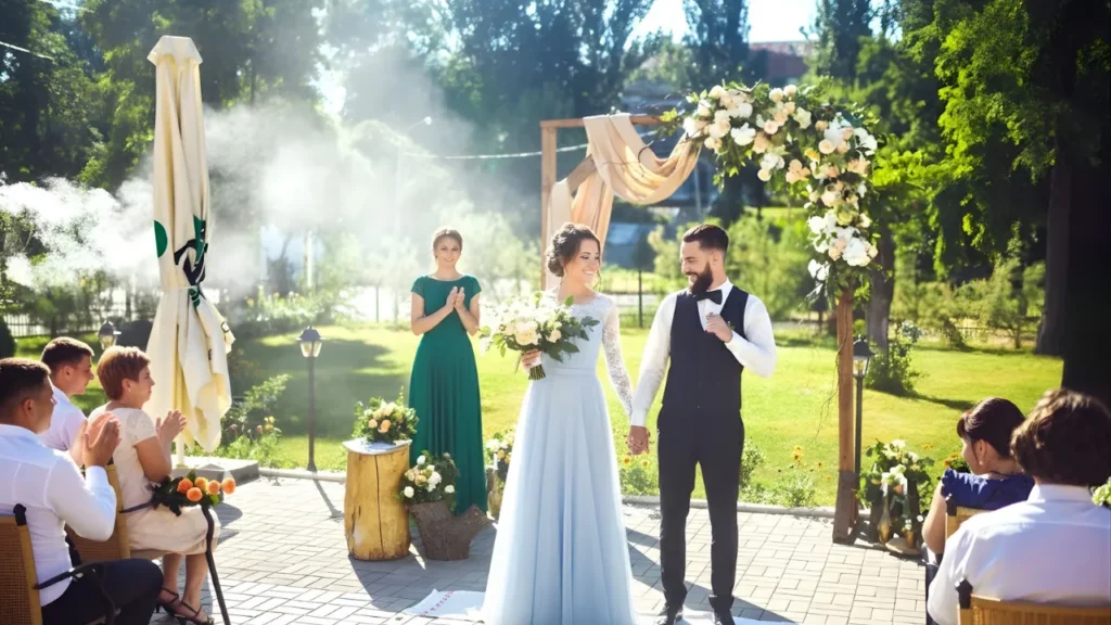Bride and groom holding hands during outdoor wedding ceremony surrounded by guests, showcasing real-time emotions and full event coverage typical of a wedding documentary film.