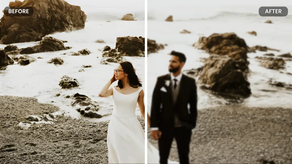 Before-and-after comparison of a couple on a rocky beach showing dramatic clarity improvement with AI video enhancement, illustrating how wedding films are upscaled from faded to vivid 4K quality
