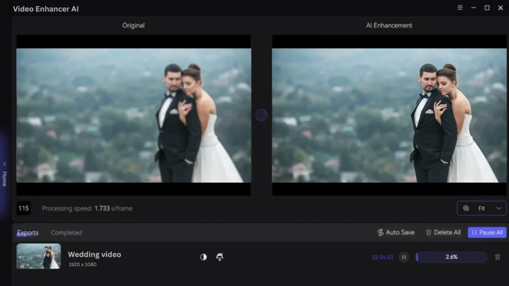 Side-by-side comparison of original and AI-enhanced wedding video showing a clearer couple portrait, illustrating the performance of AI video enhancement tools and the need for high-end GPU, SSD, and RAM for efficient processing