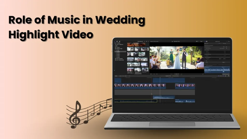 Laptop screen showing wedding video editing software with music timeline and ceremony footage, illustrating the role of music in enhancing emotion and storytelling in a wedding highlight video