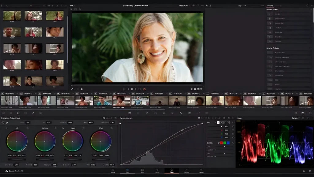 Video editing software interface showing color grading, waveform scopes, and footage selection, highlighting best practices for AI-enhanced wedding film upscaling like sharpening, frame rate adjustment, and color correction