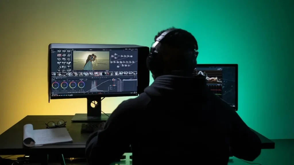 Video editor working on a cinematic wedding film using professional software, enhancing footage with color grading and storytelling techniques for a polished final product.