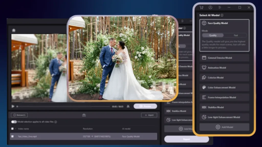 AI software interface showing a side-by-side before-and-after of a wedding couple with enhancement model options, illustrating the future of AI video enhancement including real-time upscaling, object removal, social media reframing, and voice restoration