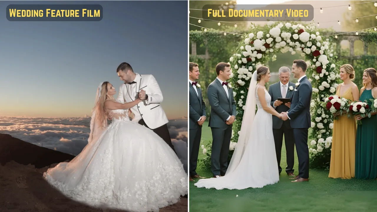 Side-by-side comparison of a cinematic wedding feature film with a romantic couple dance at sunset and a full documentary video capturing a traditional wedding ceremony with vows and guests.