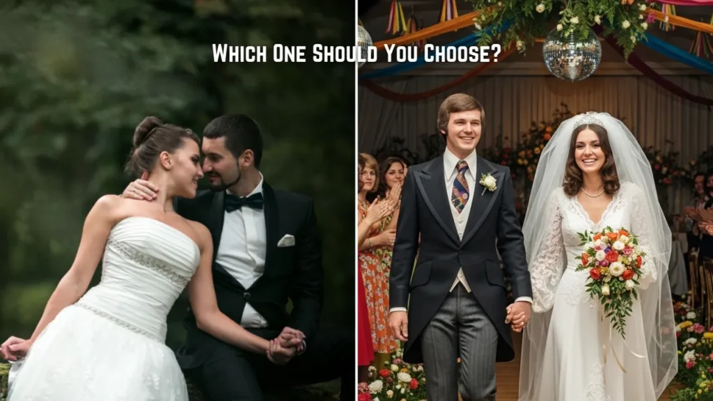 Split image showing two wedding moments—one romantic and cinematic, the other joyful and traditional—representing the choice between a wedding feature film and a full documentary video.